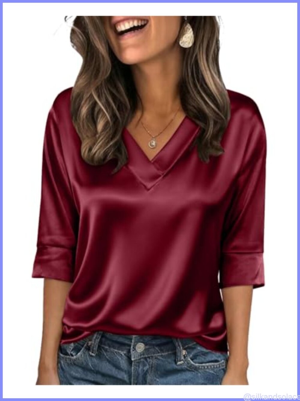 Silk Satin 3/4 Sleeve V Neck Blouse Business Casual